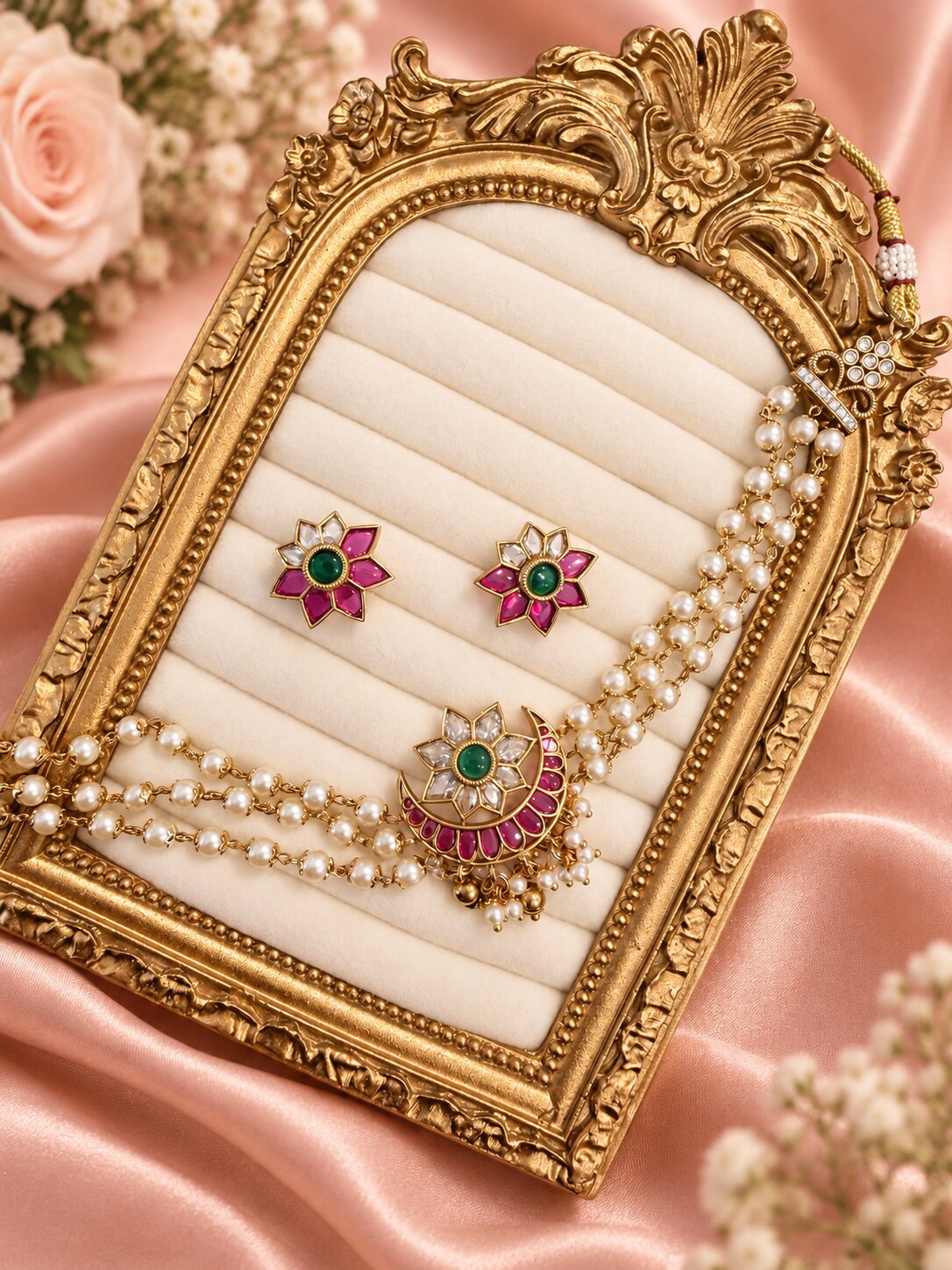 Aarzoo layered pearl necklace set with pink and green floral accents and matching earrings