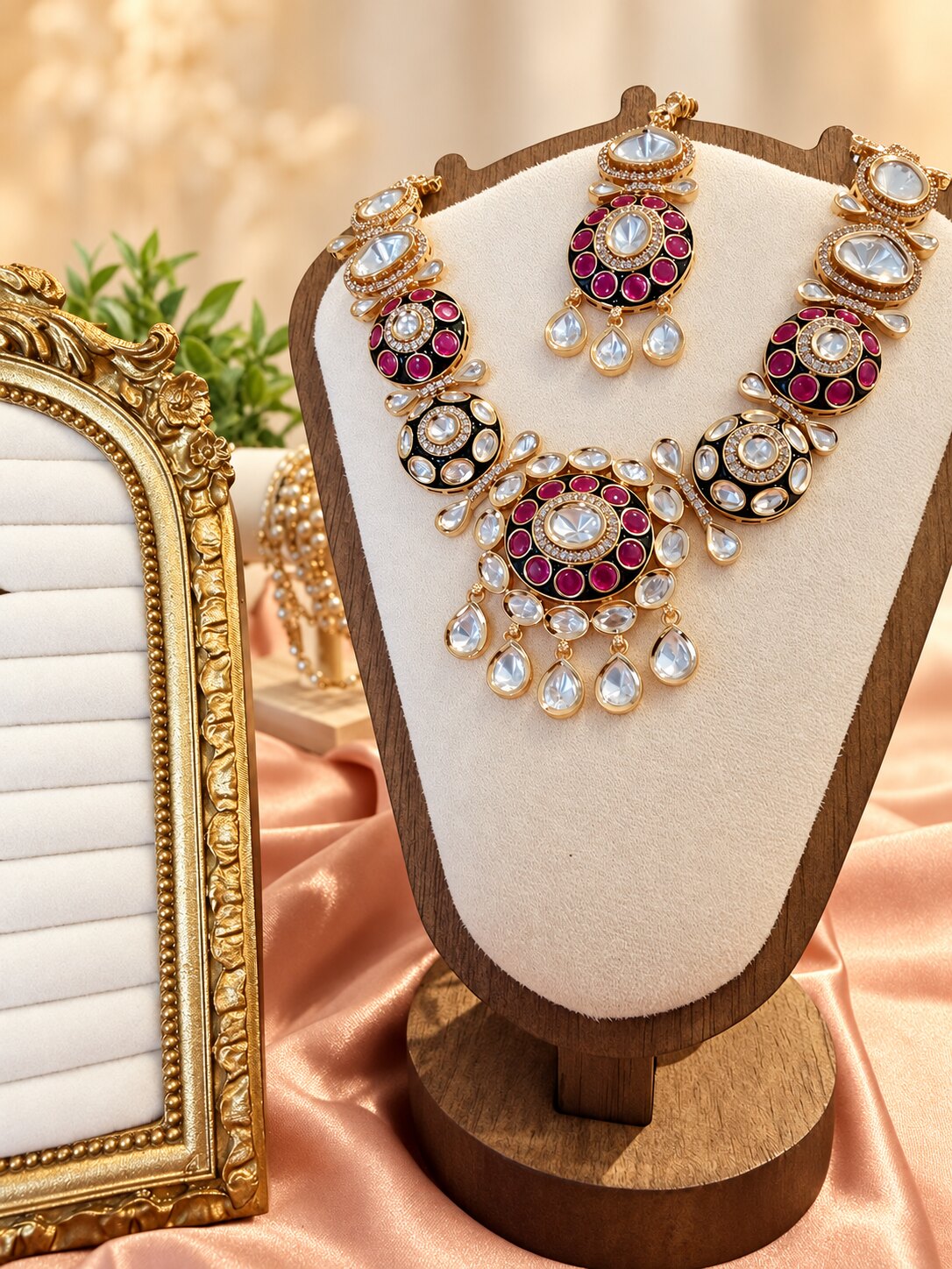 Gulnaar ruby-pink and black statement necklace with matching forehead piece on a cream jewellery bust