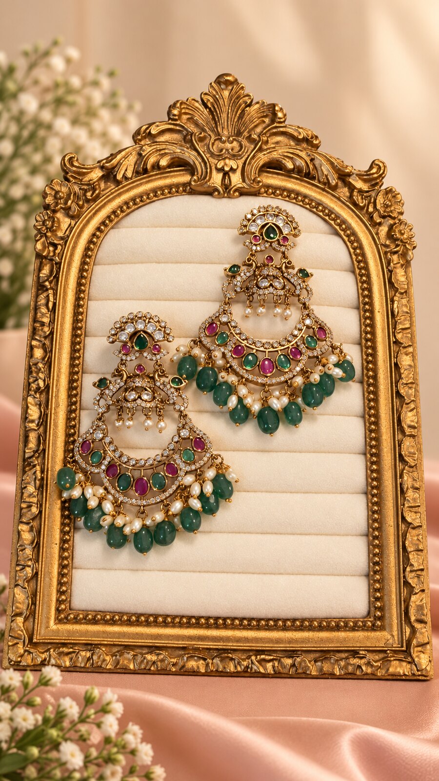 Jashn chandbali earrings with pink and green details, pearl-like accents, and green drops