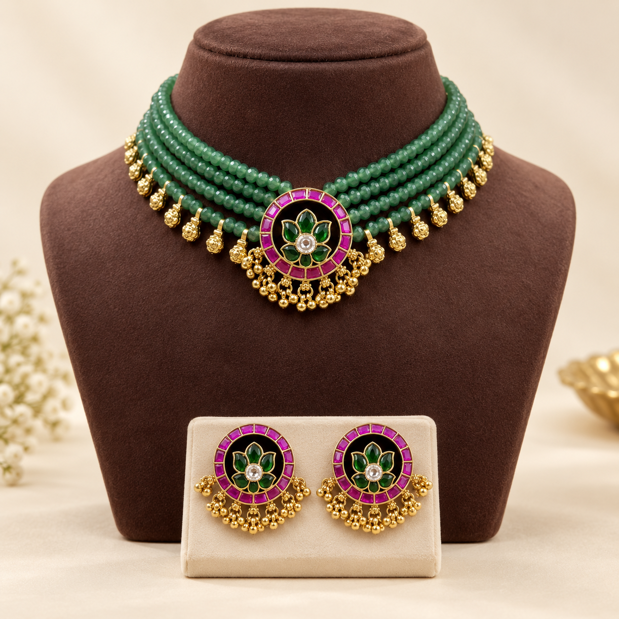 AI-styled view of the green Pachi Kundan choker and matching earrings on jewellery stands