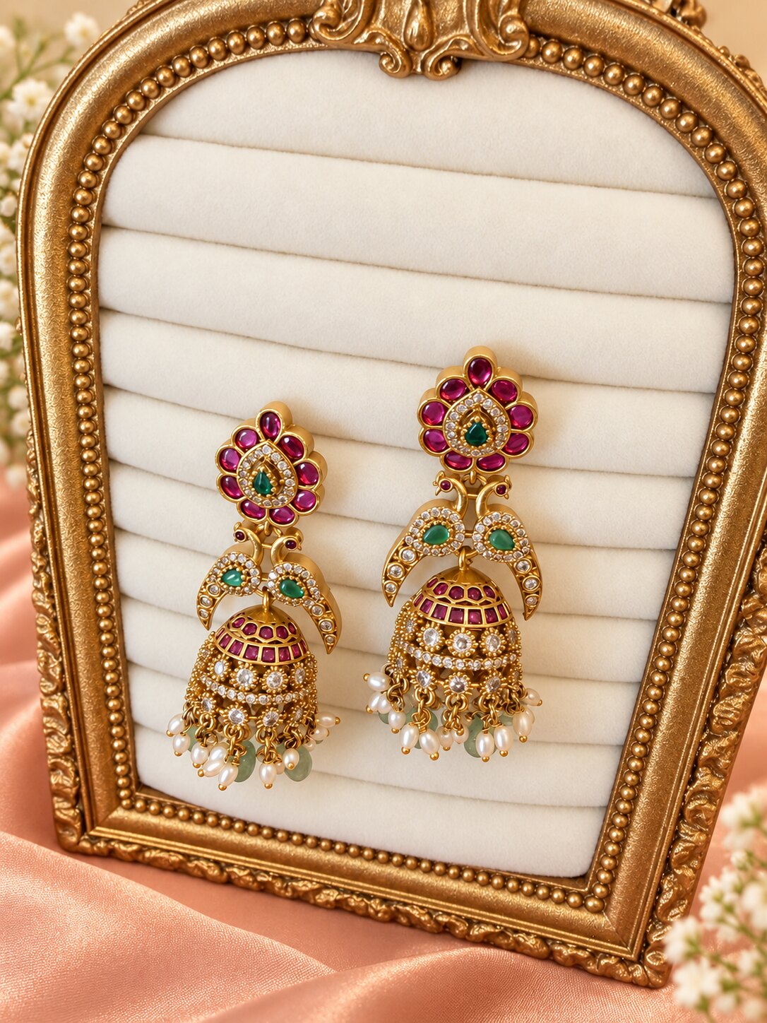 Raunaq jhumka earrings with pink and green details and pearl-like accents