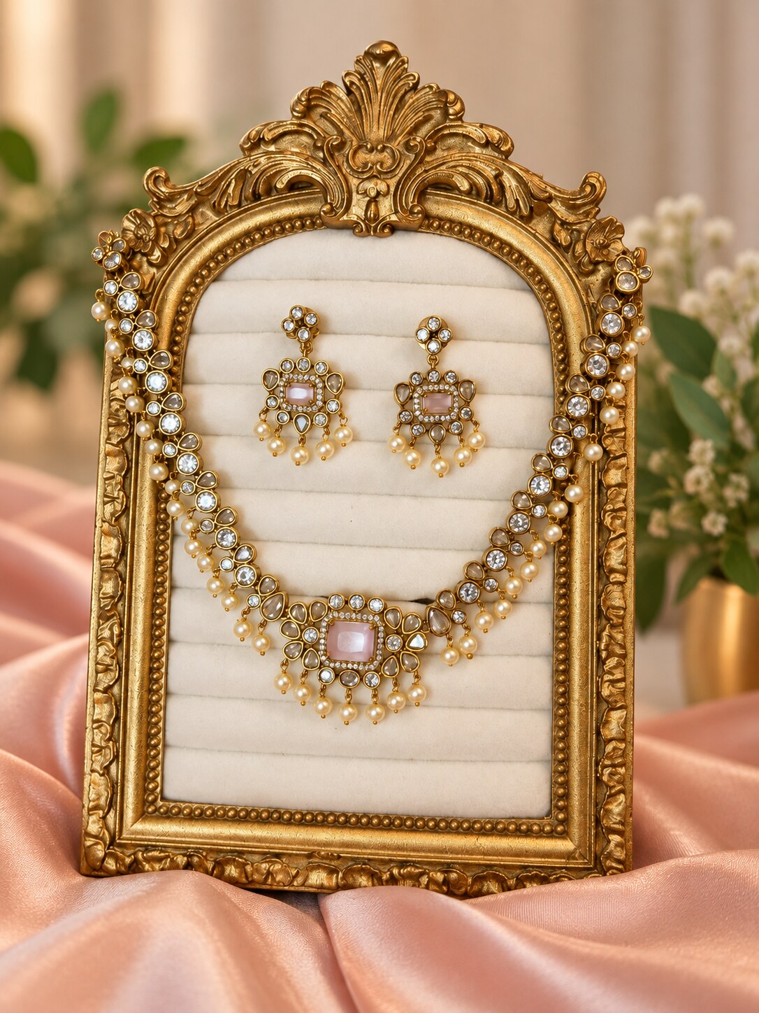 Blush-pink necklace and matching earrings from the Indian Edit